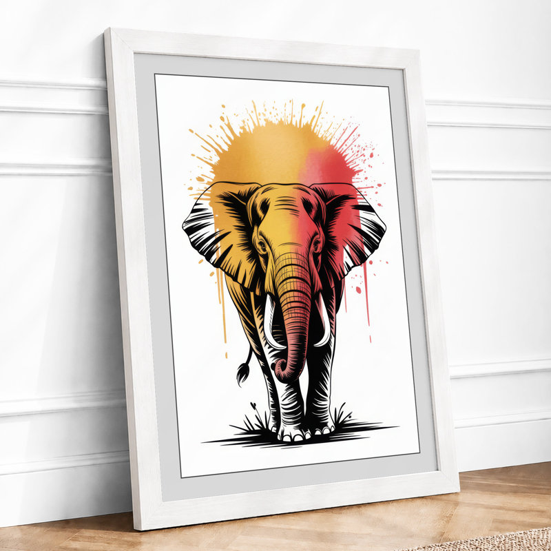 Elephant at Sunrise Modern - Framed Print, A4 - 29.7 x 21.0 cm, White