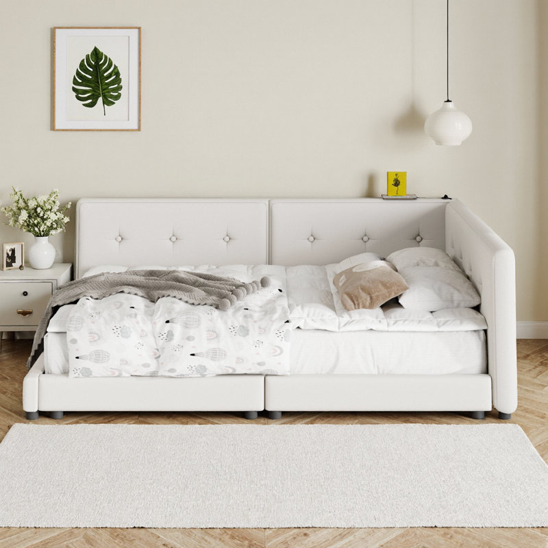 Cadre de lit plateforme grand en lin beige moderne avec ports USB | Sommier non requis, Beige, Grand lit