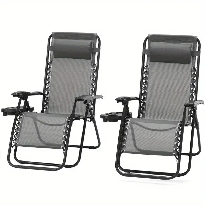 Set Of 2 Zero Gravity Folding Recliner Chairs | Patio Outdoor Lounge Chairs With Cup Holder And Detachable Headrest - For Camping, Lawn, And Garden, Ice Gray