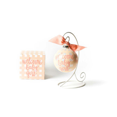 Welcome Baby Girl Gingham 100Mm Glass Ornament With Ornament Stand White