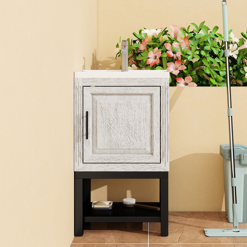 Armoire de salle de bain 20 po avec lavabo, robinet en aluminium texturé, 1 porte de meuble-lavabo autoportant et tablette ouverte en fer, patins réglables pour minimiser l'impact de la petite armoire au sol, évier en céramique blanche