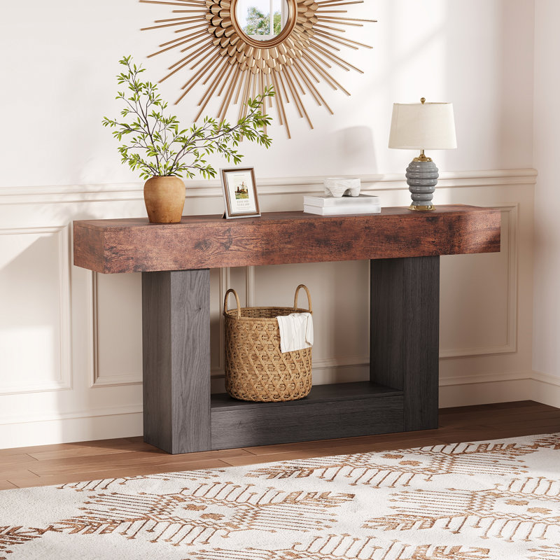  63" Modern Console Table with Power Outlet, Grey & Brown Two‑Tone MDF Entryway Table, Narrow Sofa Table for Living Room, Hallway, Home Office – 63"W × 13.8"D × 33.5"H