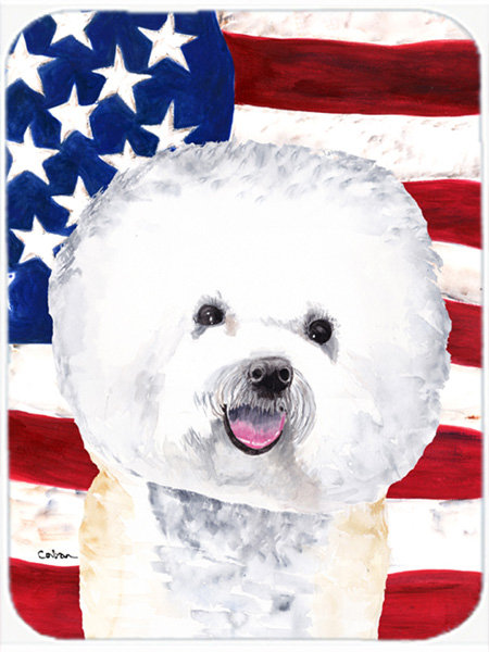 Planche à découper en verre « American Flag » aux États-Unis avec Bichon frisé trinx