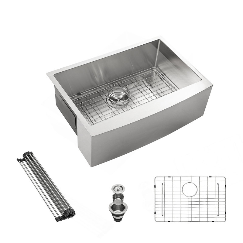 33 Inch Brushed Nickel Farmhouse Sink With 16 Gauge Stainless Steel Apron Front Design For Durable, Stylish Kitchen Use.
