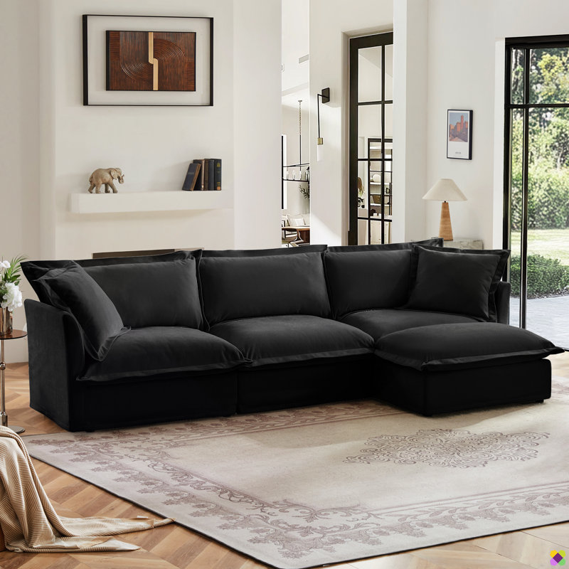 Crofford 120"W Modular Chenille LAF RAF Sectional, Sofa Couch, 3 Seater, Black Chenille