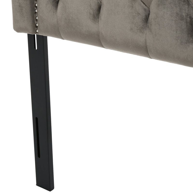 Upholstered Grey Velvet Headboard For Queen & Full Sized Beds, Revealing Button Chic And Nailhead Elegance Modern Headboard, Exhibiting Fashion Flair