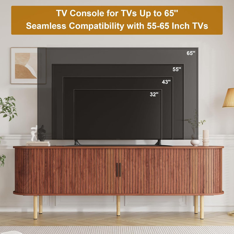 Meuble télé 70,1 po avec portes coulissantes et compartiments de rangement, meuble télé pour salon ou chambre à coucher