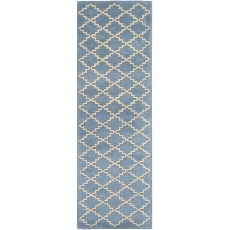 Tapis bleu / crème en laine touffeté à la main Carolene, Tapis de couloir 2 pi 3 po x 11 pi