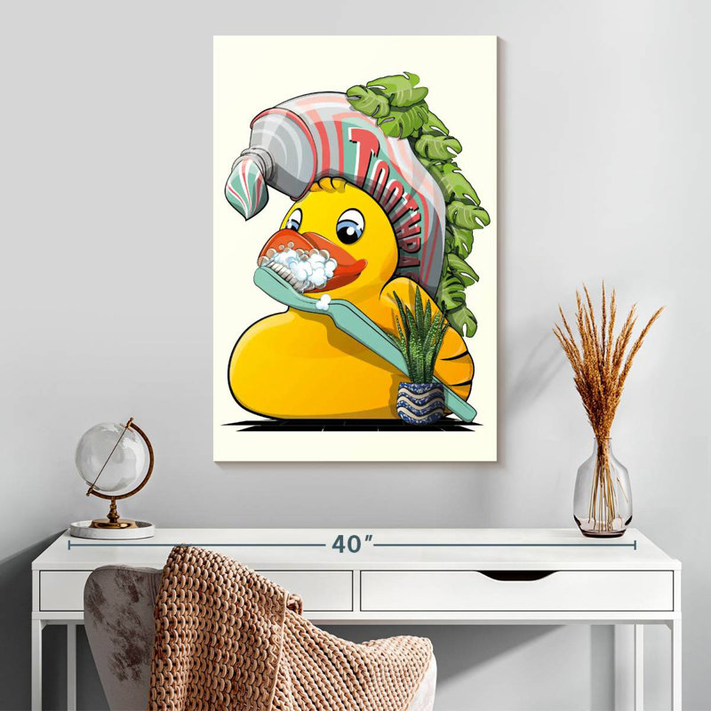 Canard en caoutchouc se brossant les dents dans la salle de bain, H 30 po x l 20 po