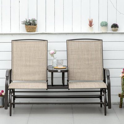 Garden Glider With Coffee Table - Brown Metal Frame Patio Furniture Double Gliding Fun, Breathable Seating, Steel For Outdoor Living Spaces Bench Center Backyard Porch Seat Frame, Fabric, Portable