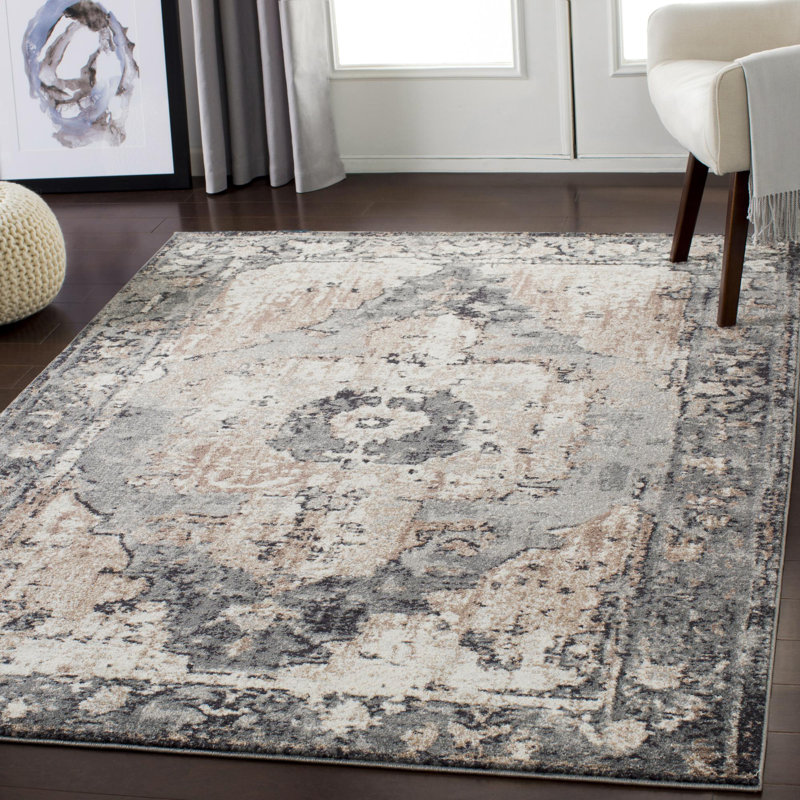 Tapis oriental gris anthracite tissé au métier mécanique Addisyn, Rectangle 6 pi 7 po x 9 pi