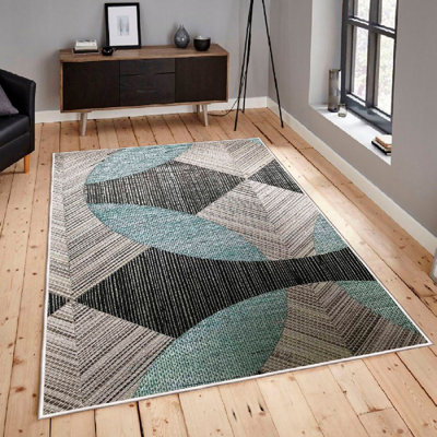 Tapis 100% coton à poils longs (3,3 x 9,8 pieds), bleu, gris et noir | Antibactérien, dessous en PVC antidérapant, hauteur des poils: 0,4 po, épaisseur totale: 0,3 po | Lavable à la machine, durable et élégant pour le salon ou la chambre à coucher