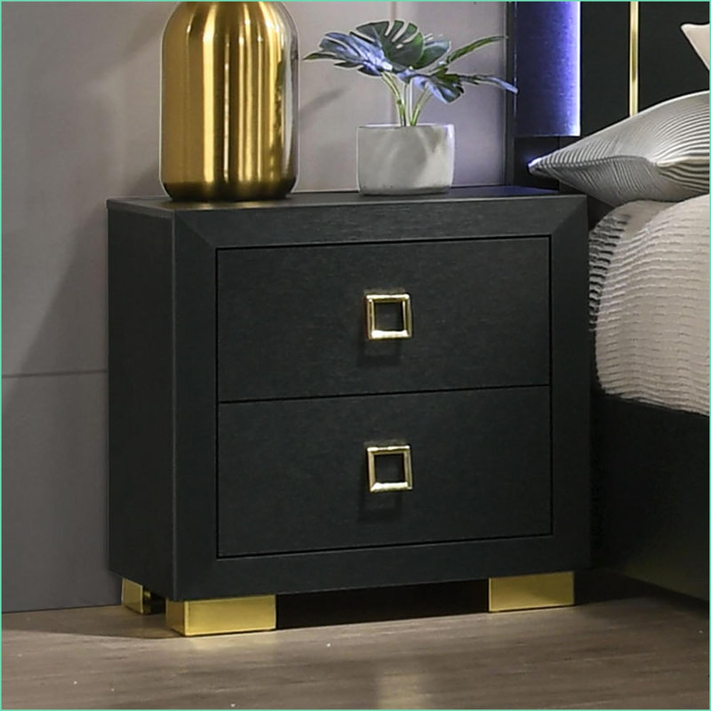 Table de chevet contemporaine noire à 2 tiroirs avec pieds en métal doré
