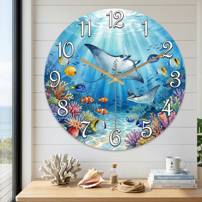 Landscape & Nature Underwater Scene With Stingrays And Colorful Fish Ultra Clear Glass Wall Clock