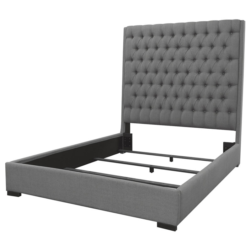 Regal Grey Upholstered King Bed with Tufted Headboard and Wood Accents