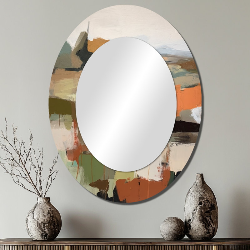 Green And Beige Transcending Reality III - Abstract Oval Decorative Mirror On Metal, 40" x 30"
