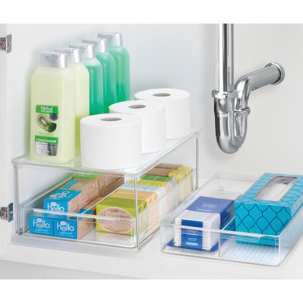 iDesign Plastic Stackable Cabinet Shelf Riser for Bathroom Storage– Clear