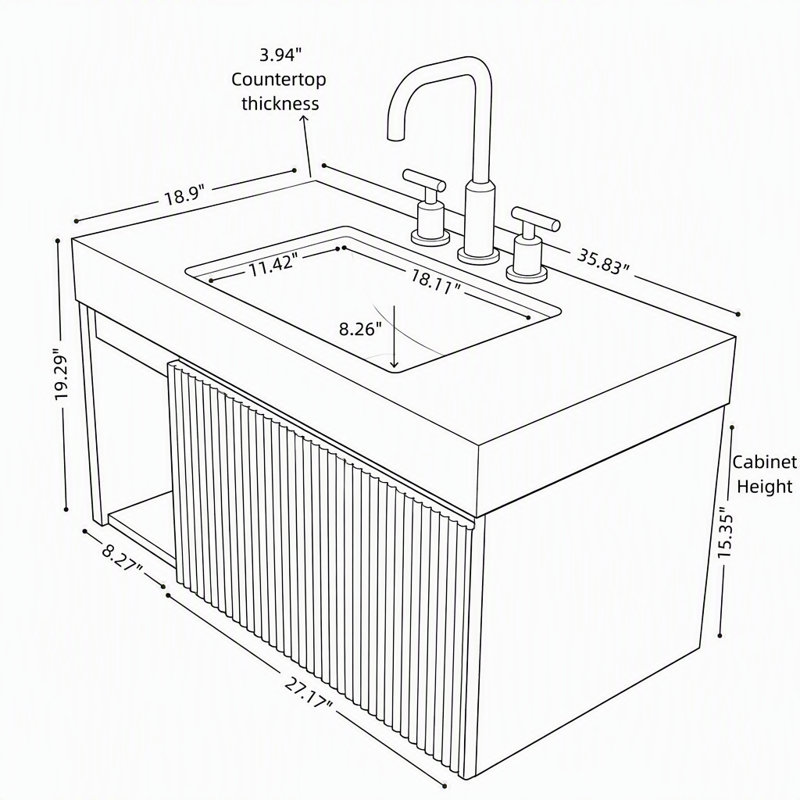 Meuble-lavabo flottant de 36 pouces avec plateau en pierre frittée veiné or crème, lavabo en céramique et trois trous de robinet pré-percés