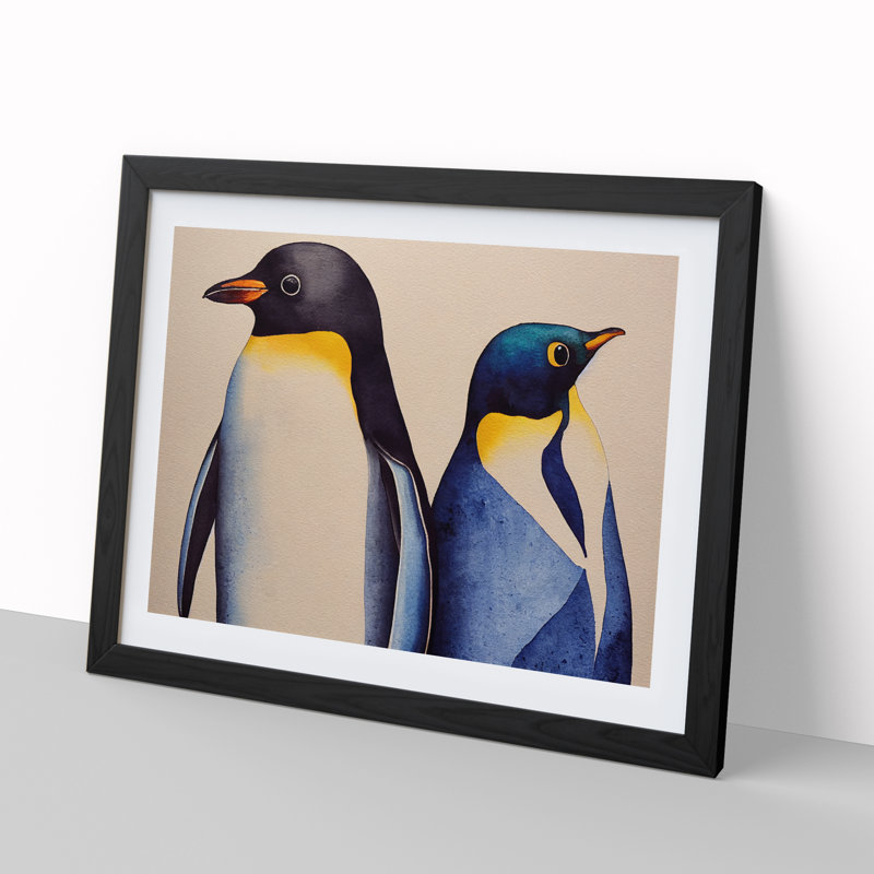 Watercolour Penguins - Single Picture Frame Print, Black Framed, 25cm H x 34cm W x 2cm D