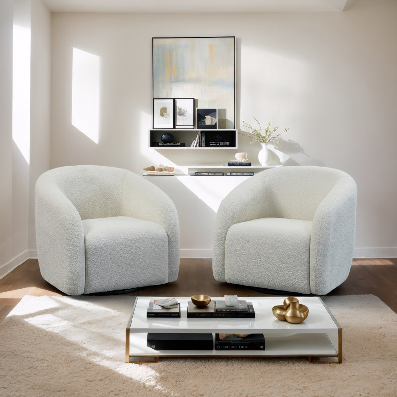 Tarvaris Upholstered Swivel Barrel Chair, Off White Fabric