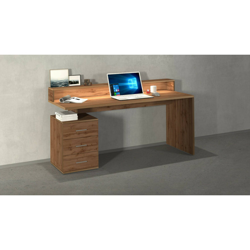Desk Dcaligar, Desk with top and LED lights, Multi-purpose table, 160x60h90 cm, White and Slate, Oak