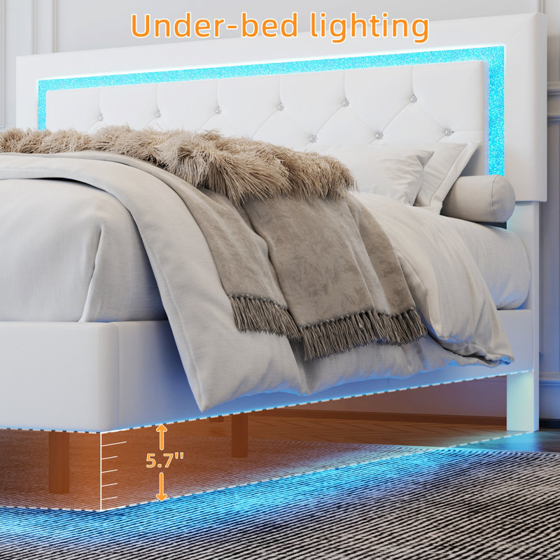 Bed Frame With Headboard, Floating Bed Frame With LED Lights, Upholstered Platform Bed With Tufted Headboard, Beige