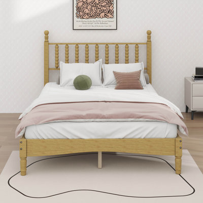 Wood Bed Frame With Retro Spindle Headboard