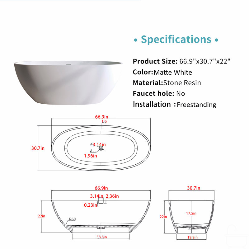 Baignoire 66,6 po à surface solide matte, baignoire de trempage à surface solide, baignoire autoportante en résine de pierre, baignoires autoportantes à rebord épais avec trop-plein, bonde escamotable