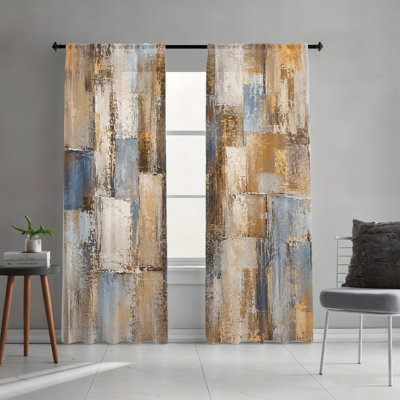 2PCS rideaux filtrant la lumière avec passe-tringle, drapés géométriques abstraits à motif géométrique de couleur terre et bleu, décor à la maison moderne, décorations de fenêtre toutes saisons pour salon, chambre à coucher, décoration de la maison