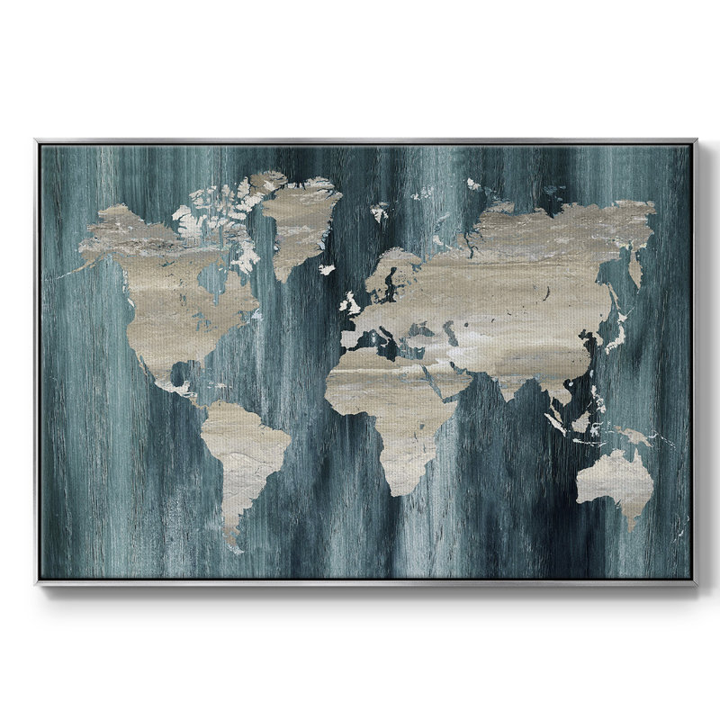 Carte du monde marine imprimée sur toile, H 27 po x l 41 po x P 2 po, Argent