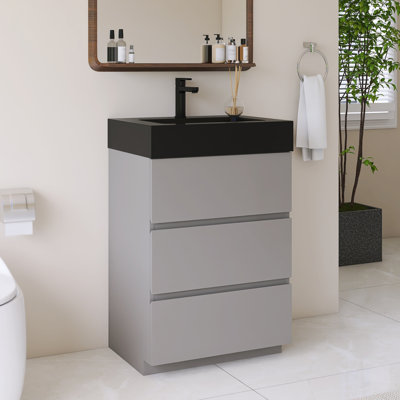 24" Freestanding Single Bathroom Vanity With Black Engineered quartz basin