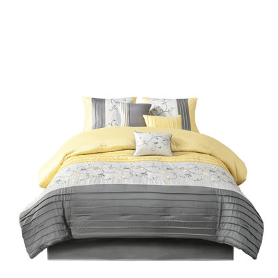 Queen 7 Piece Comforter Yellow - Elegant Embroidery, Faux Silk, , Includes Comforter, Shams, Pillows, Bed Skirt Pieces 100% , Skirt, Machine Washable
