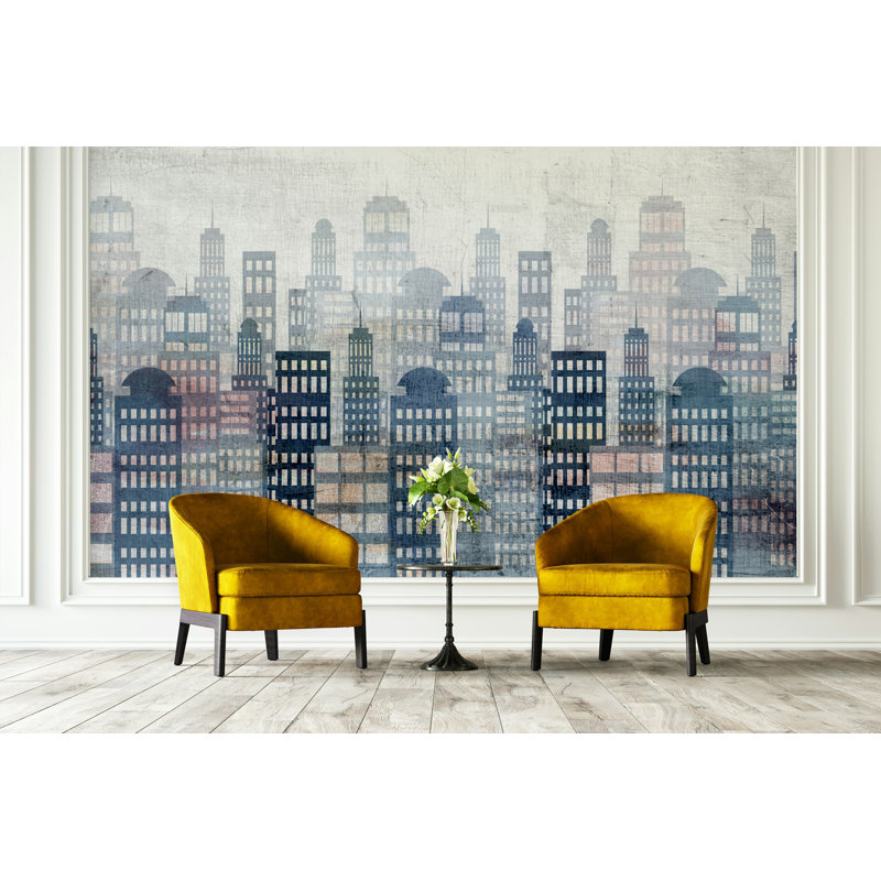 Papier peint bleu gris Misty City Skyline, L 75 po x l 112 po