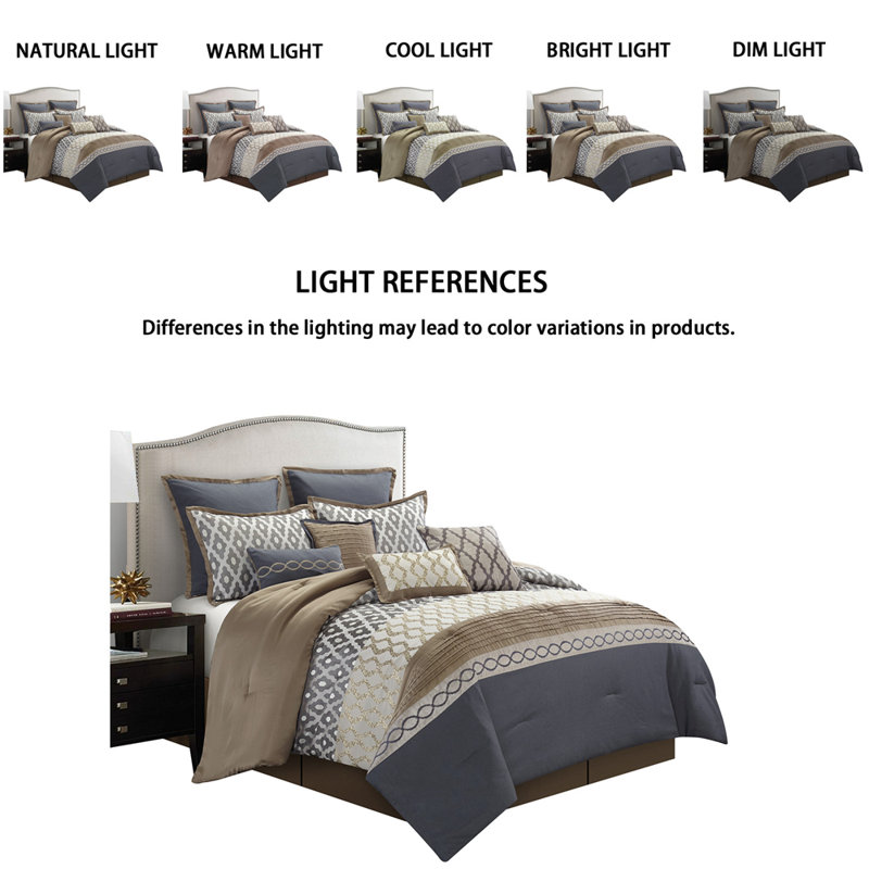 Ensemble d'édredon 10 pièces Caval, Édredon pour très grand lit + 9 pièces supplém, Gris / taupe / blanc