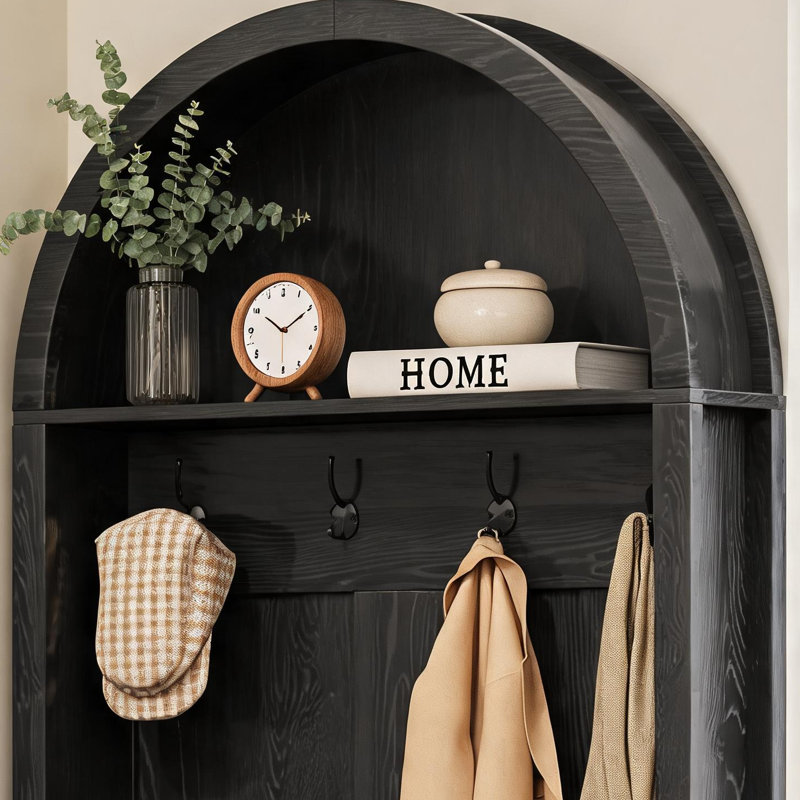 Black Farmhouse-Style Entryway Coat Rack, Four-In-One Multi-Functional Design, Includes Hooks, Shoe Rack, Bench, And Hallway Accessibility.