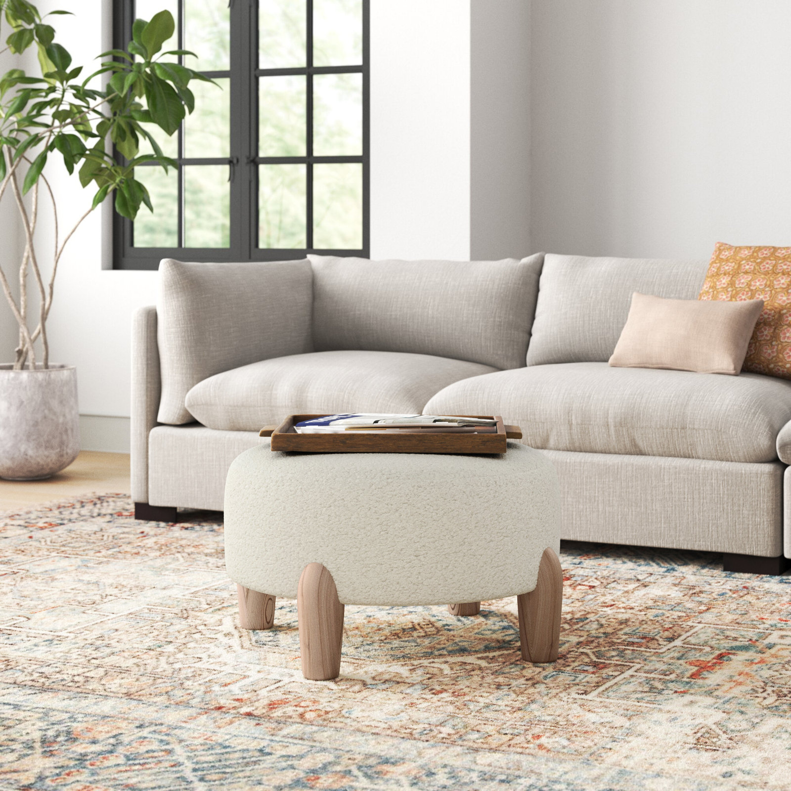 Geddes Upholstered Ottoman, Ivory Sherpa, Brown