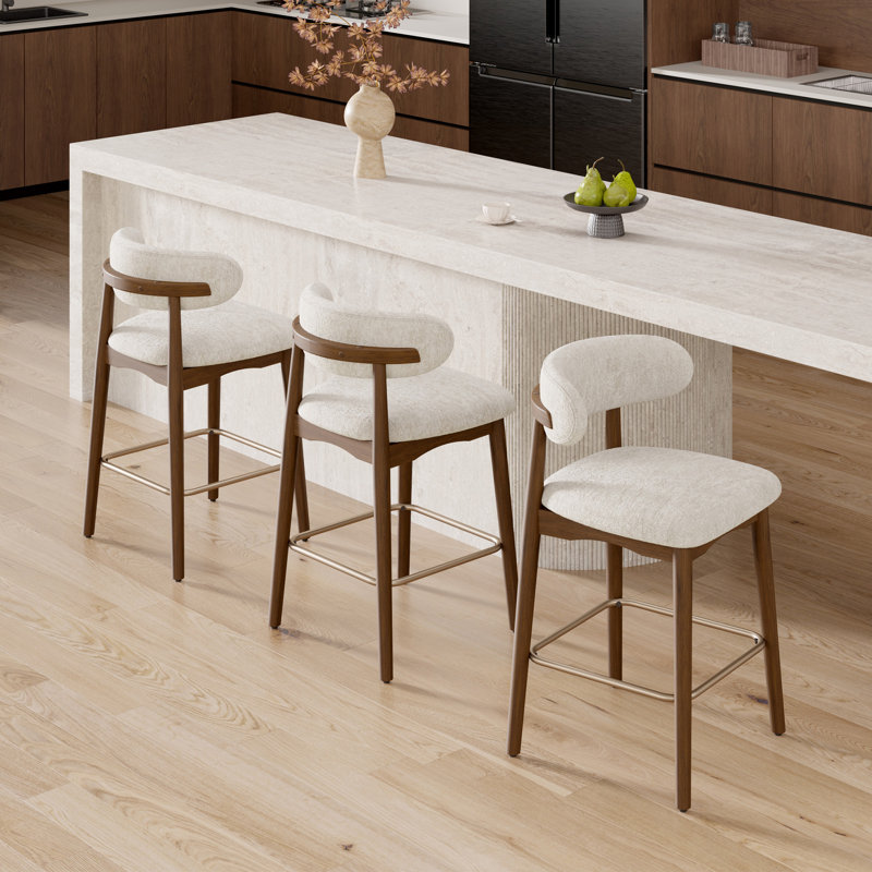 Tabouret de bar moderne à hauteur de comptoir avec dossier, non pivotant, pieds en bois d'hévéa massif et repose-pieds en métal bronze