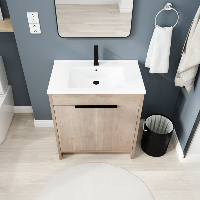 Ensemble de meuble-lavabo simple Addisun, Chêne clair uni, Blanc, 30"