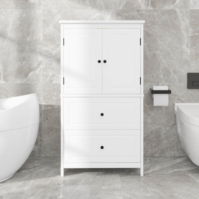 Tall Bathroom Storage Cabinet, Cabinet With Two Doors And Drawers, Adjustable Shelf