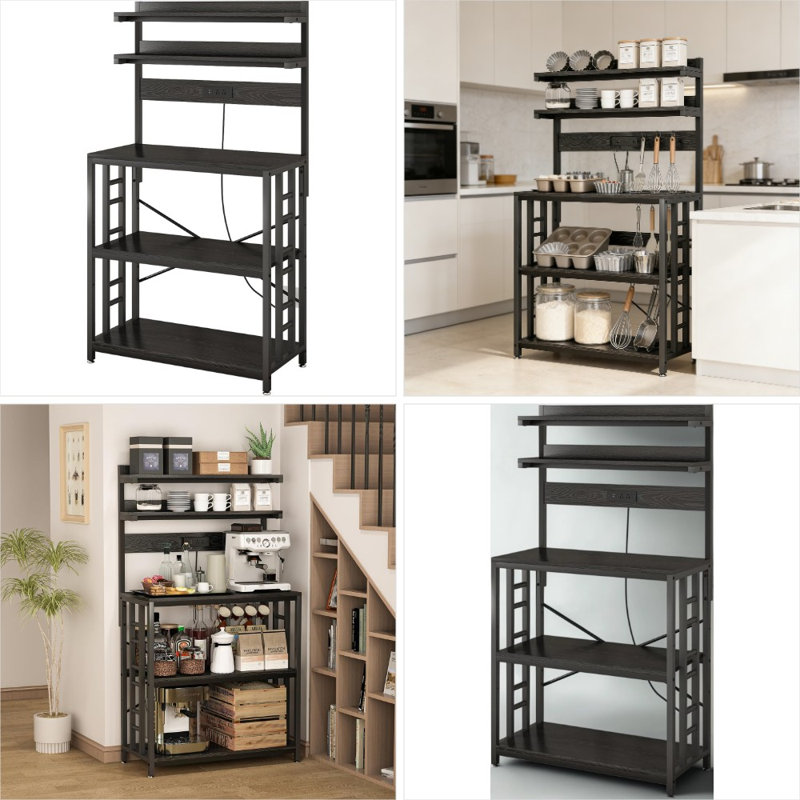 Étagère de boulanger de cuisine réglable avec lumières DEL et prise de courant, support à micro-ondes robuste à 5 niveaux avec tablettes de rangement pour café, épices, casseroles et poêles