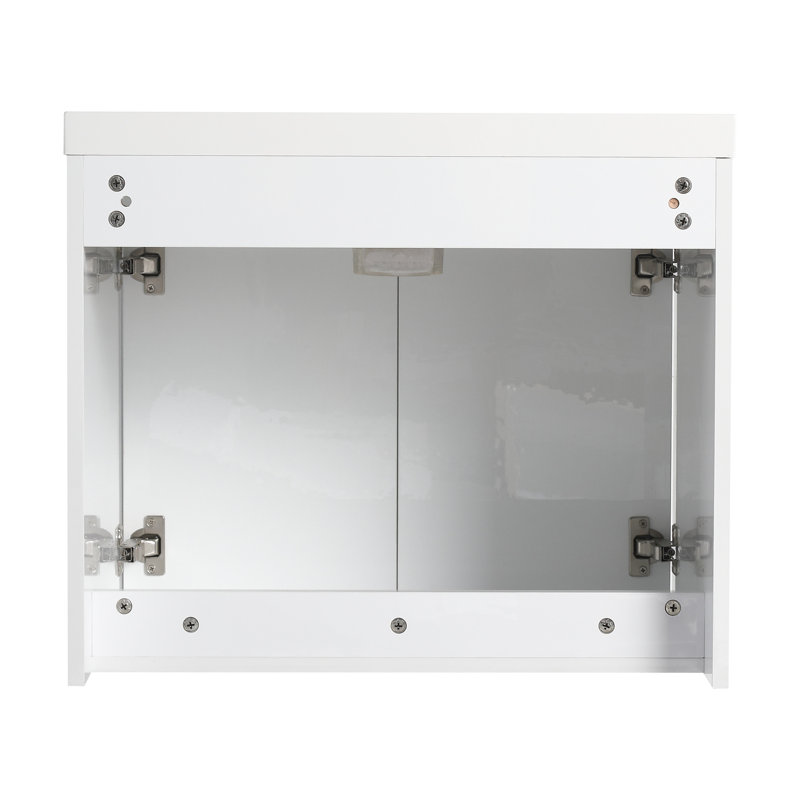 Meuble-lavabo de 24 po avec lavabo en résine, 2 portes à fermeture douce, fixation flottante, blanc brillant, charnières de fermeture murales élégantes, conception de fixation,