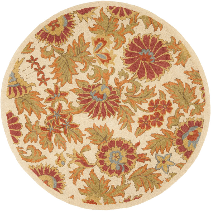 Emrick Blossom Hand Hooked Wool/Cotton/Latex Floral Rug in Ivory, Round 4'