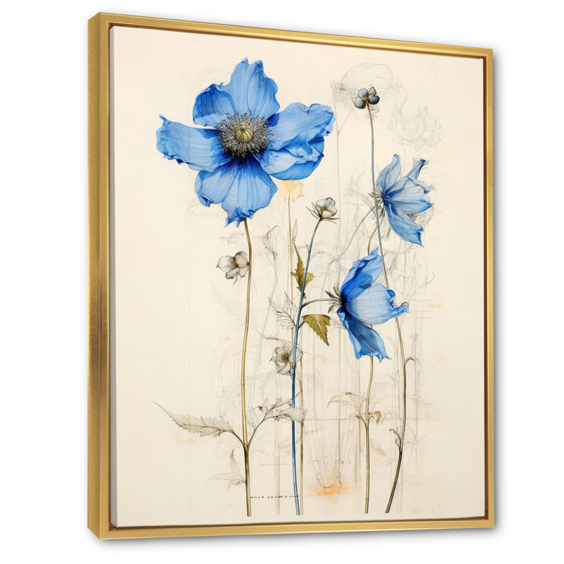 Illustration rétro de marguerite bleue encadrée sur toile, H 40 po x l 30 po, Cadre flottant doré