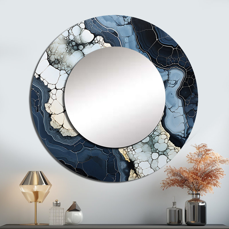 Blue Stone Geode Minimalisme - grand miroir en pierre spirituelle, décor de miroir mural rond traditionnel unique, impression d'art en métal