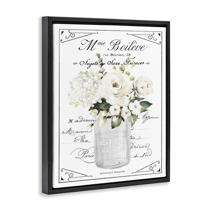 Fleurs françaises françaises et cadre flottant cursif, design par lettré et doublé, Cadre flottant noir de jais