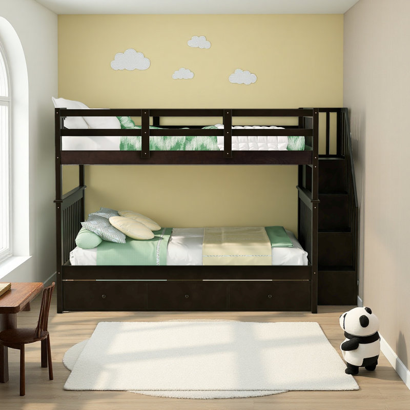 Lit superposé en escalier avec tiroir, rangement et garde-corps pour chambre à coucher, Espresso