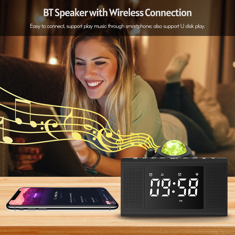 Veilleuse projecteur d'étoiles multifonctionnelle avec réveil, haut-parleur Bluetooth et musique avec bruit blanc pour chambre d'enfant ou d'adulte