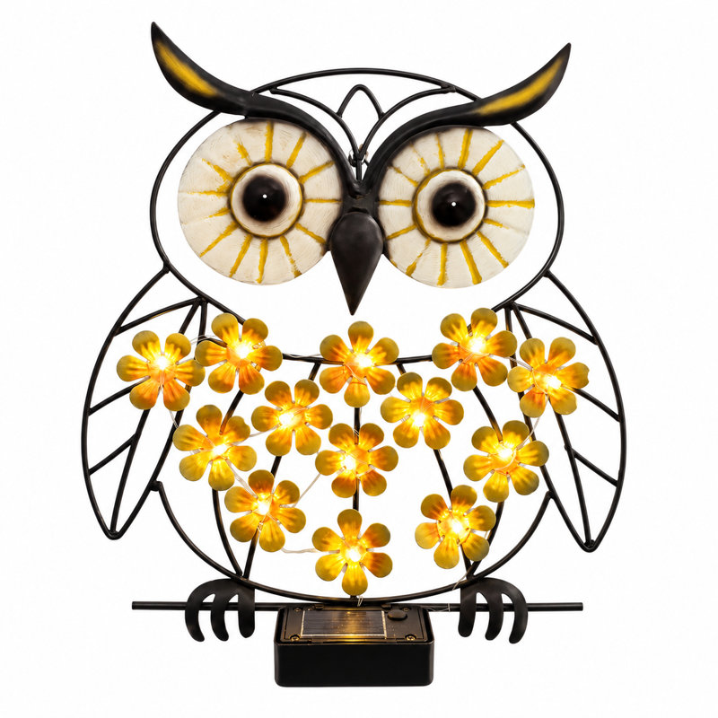 Luminaire solaire de jardin suspendu hibou avec lumière DEL chaude, métal noir