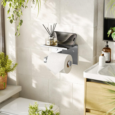 Toilet Paper Holder With Phone Shelf, Adhesive Or Screw Mount Wall Mounted Tissue Roll Holder, Rustproof Stainless Steel Bathroom Storage Organizer