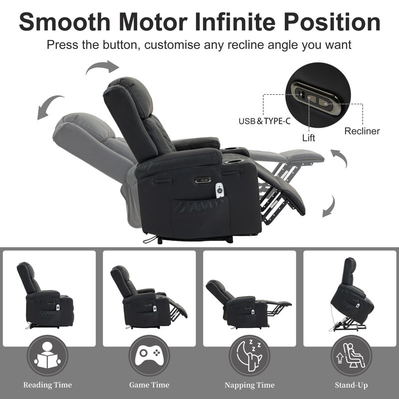 PU Leather Electric Power Lift Heated Massage Recliner Chair with Cup Holders and USB Type C, Black